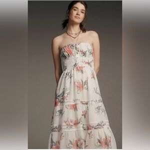 Anthropologie Somerset Strapless Chiffon White Floral Tiered Midi Dress M NEW